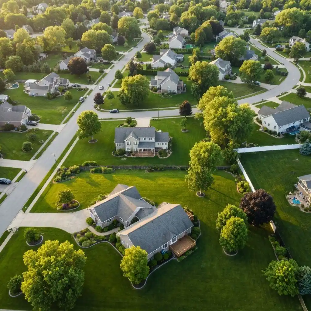 Beautiful landscaped residential property with manicured lawn and trees